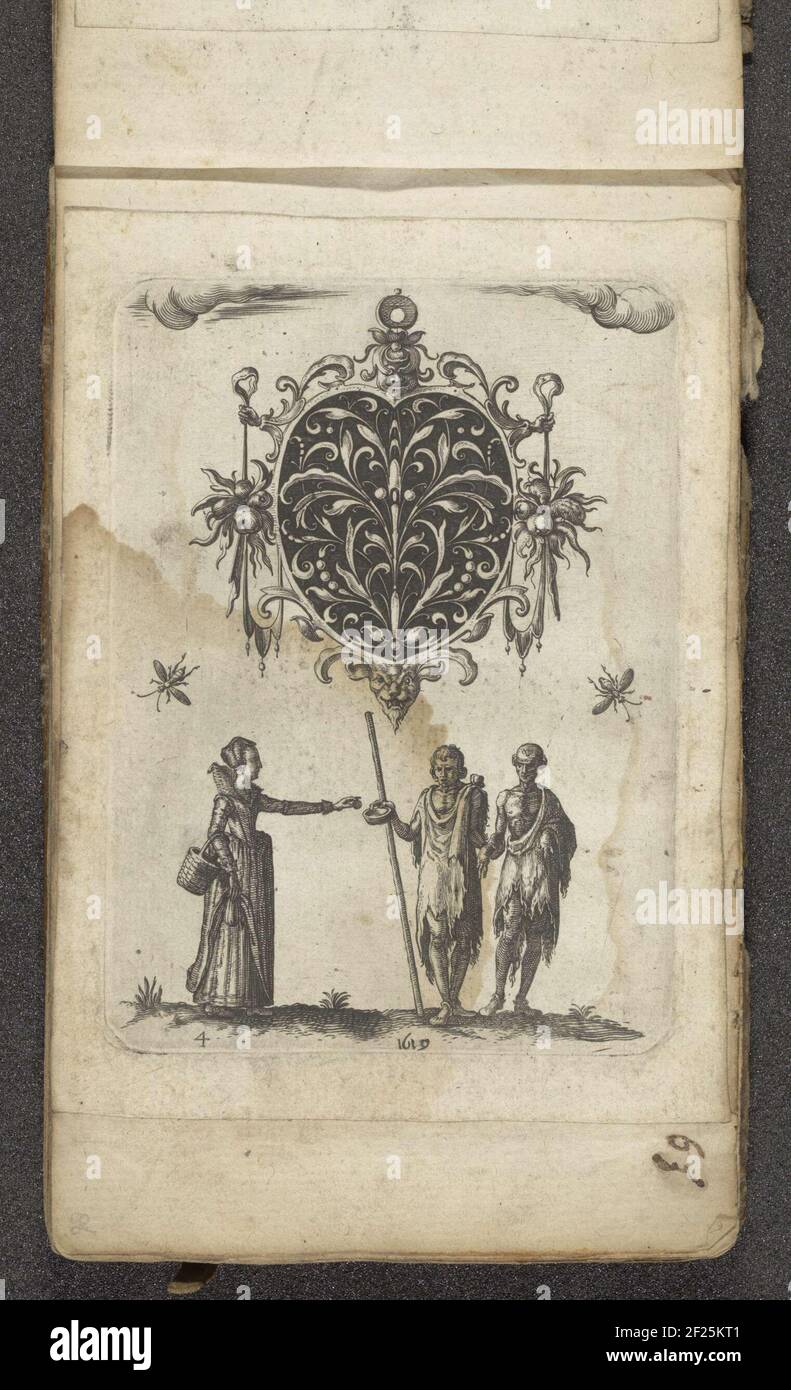 In dieses Skizzenbuch sind 131 französische, deutsche und flämische Ornamentdrucke und biblische Darstellungen eingeklebt, darunter eine Serie von Schwarzarbeit-Ornamenten des Emaillers Jean Toutin. Diese Seite zeigt die Rückseite eines herzförmigen Medaillons mit einem Blumenmuster als Inspiration für einen Graveur oder Emailarbeiter. Unter dem Auge ist eine kleine Figur mit Händen halten Trauben von Früchten auf beiden Seiten. Stockfoto