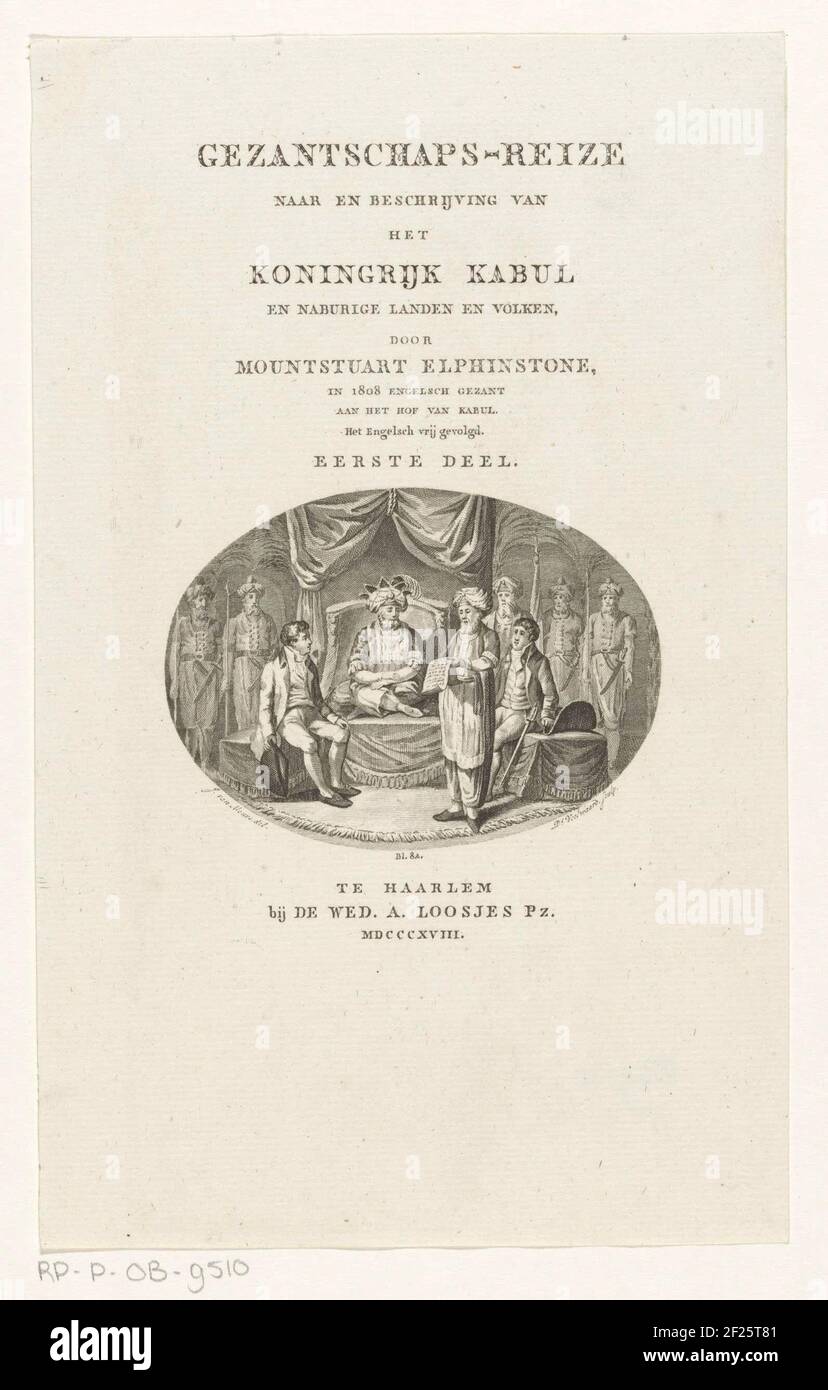 Westliche Männer besuchen König van Kabul; Titelseite für: Mountstuart Elphinstone, Gezidschap-Reize to und Beschreibung des Königreichs Kabul, 1818 zwei westliche Männer sitzen auf beiden Seiten des Königs von Kabul. Ein Mann mit Turban liest einen Brief. Im Hintergrund Sind Fünf Wachen Mit Turbans. Stockfoto