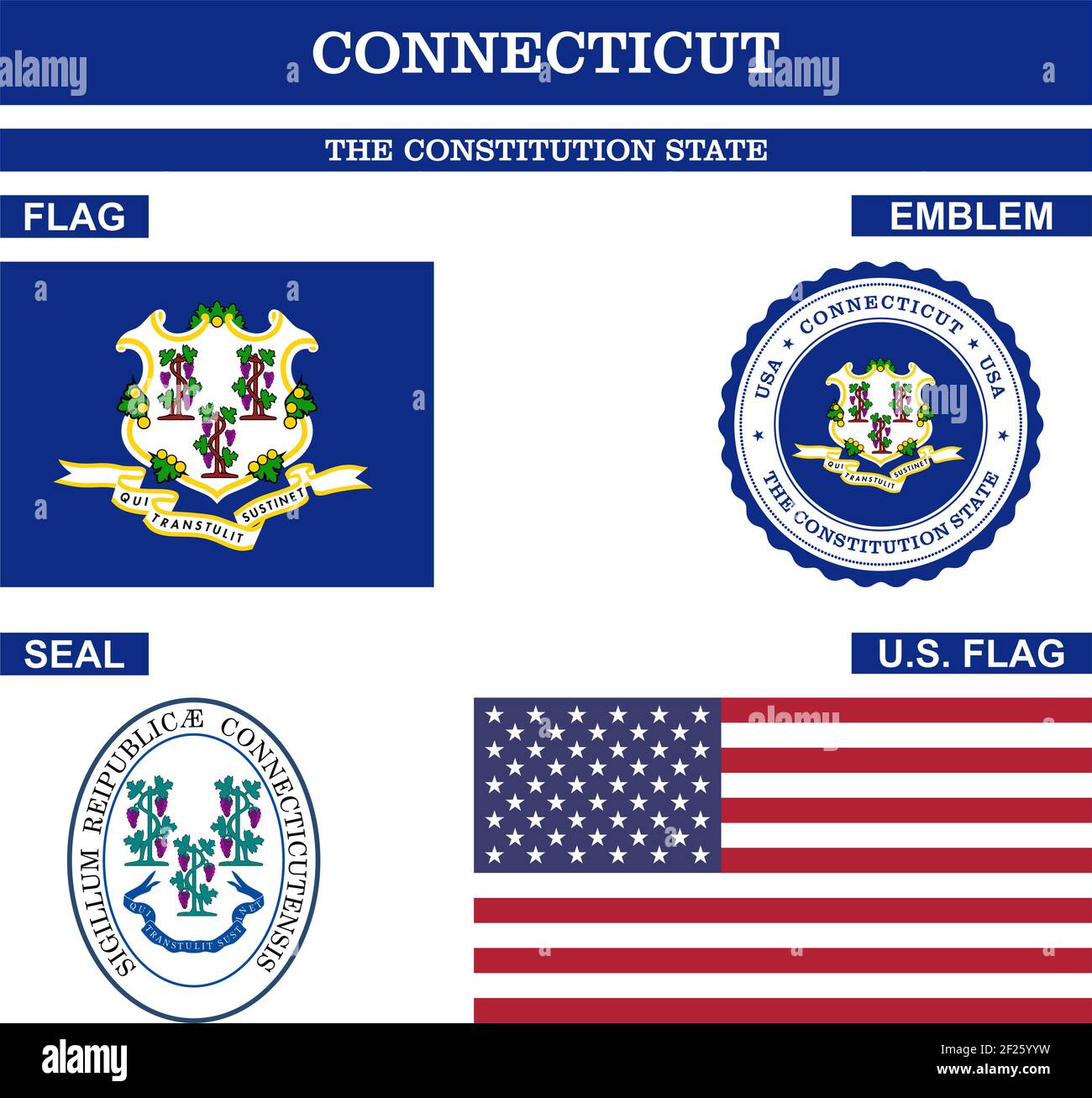 Connecticut Symbol Sammlung mit Flagge, Siegel, US-Flagge und Emblem als Vektor. Der Verfassungsstaat. Detaillierte Vektordarstellung. Stock Vektor