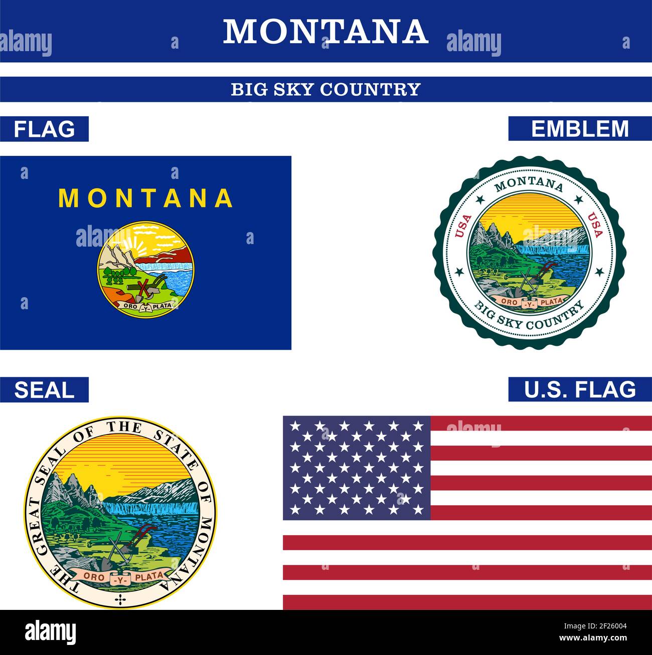 Montana Symbol Kollektion mit Flagge, Siegel, US Flagge und Emblem als