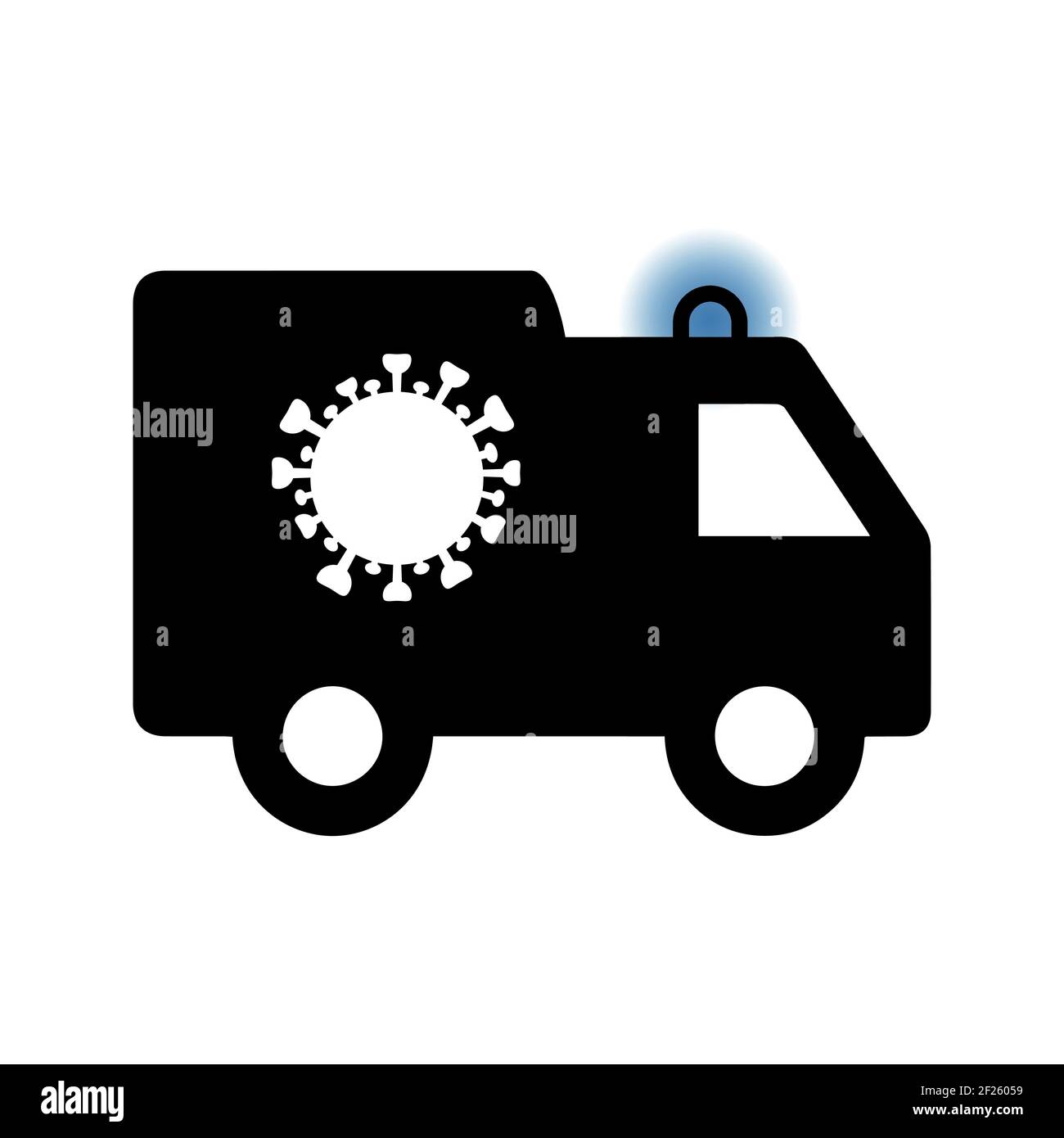 Schwarzer Krankenwagen mit weißem Virus-Logo, Vektor mit Corona-Virus-Symbol Stock Vektor