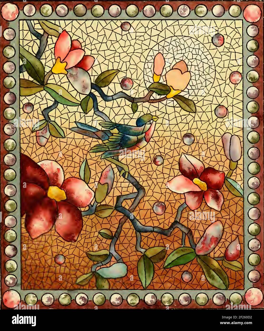 Schönes Blüten- und Vogeldesign für die Belcher Mosaic Glass Company. Stockfoto