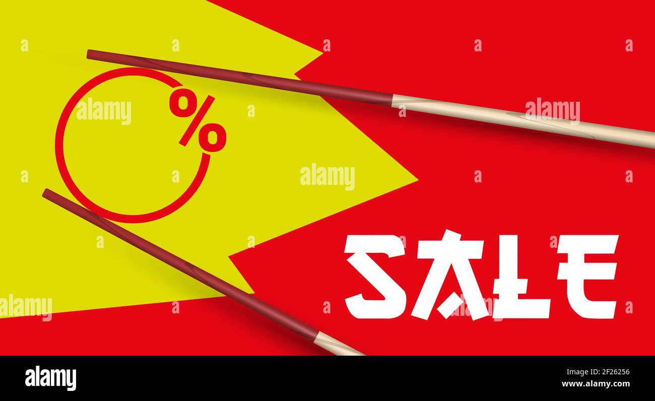 Hölzerne Essstäbchen hält runde Verkaufsbox. SALE Word ist in einer Schrift als japanische Zeichen stilisiert geschrieben. 3D Abbildung auf roter und gelber Rückseite Stockfoto