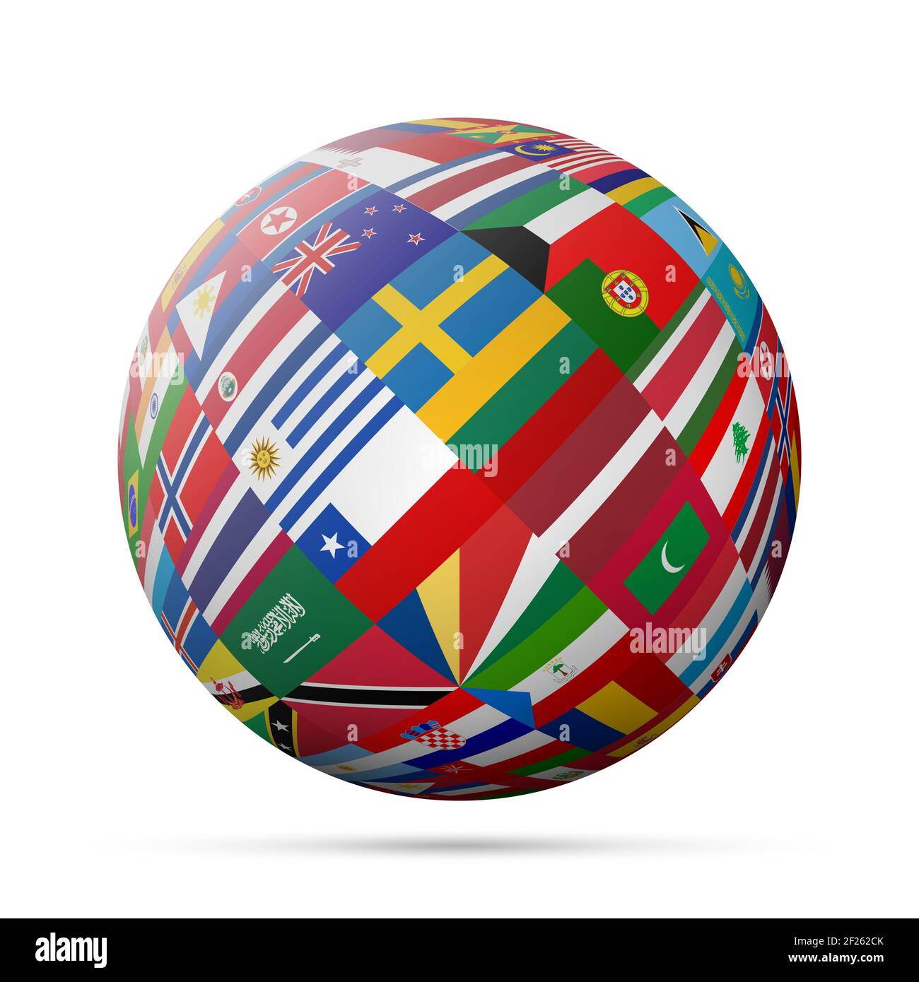 Flaggen-Globus. 3D Abbildung isoliert auf weiß. Stockfoto