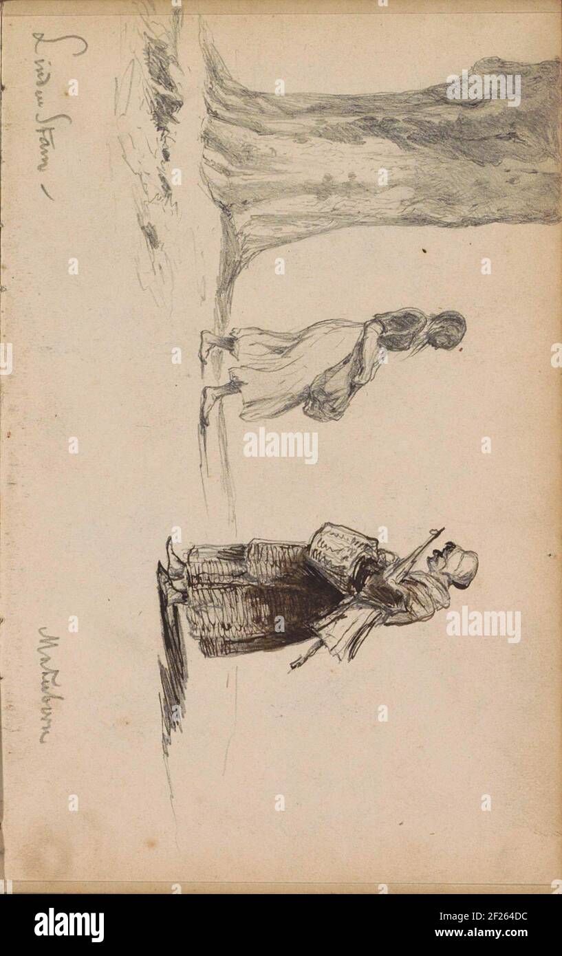 Zwei Bäuerinnen am Stamm einer Linde.Blatt 63 recto aus einem Skizzenbuch mit 73 Blättern. Stockfoto