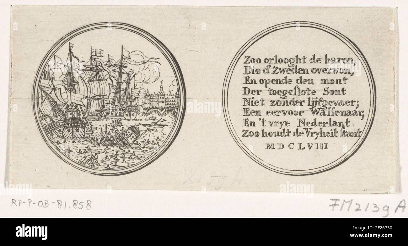 Medaille auf die Schlacht im Sont, 1658.Penning auf die Schlacht im Sont, zwischen der Staatsflotte unter Admiral Jacob Baron van Wassenaer, Lord of Obdam, und der schwedischen Flotte unter Admiral Carl Gustaf Wrangel, 8. November 1658. Vorne: Seeschlacht Mit Kronborg Slot. Rückseite: Beschriftung. Stockfoto