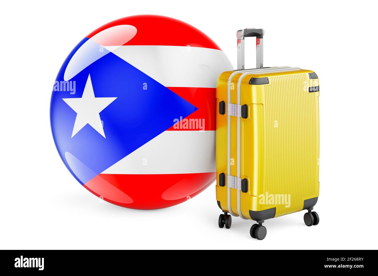 Koffer mit Puerto-ricanischer Flagge. Puerto Rico travel concept, 3D Rendering isoliert auf weißem Hintergrund Stockfoto