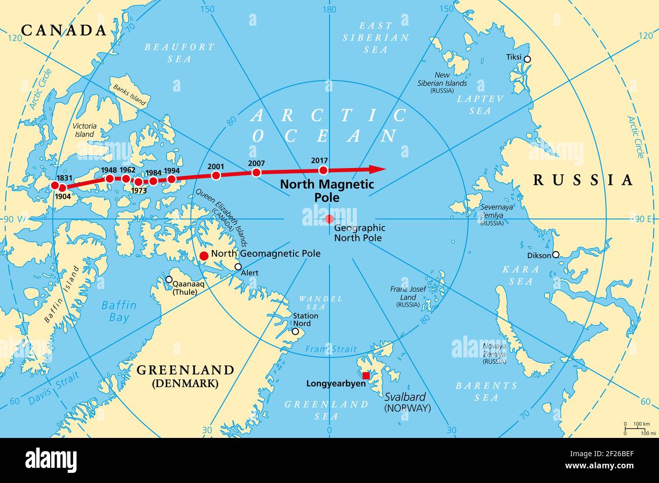 Bewegung des Nordmagnetpols, politische Karte. Magnetischer Nordpol der Erde bewegt sich im Laufe der Zeit, entsprechend den magnetischen Veränderungen im äußeren Kern. Stockfoto