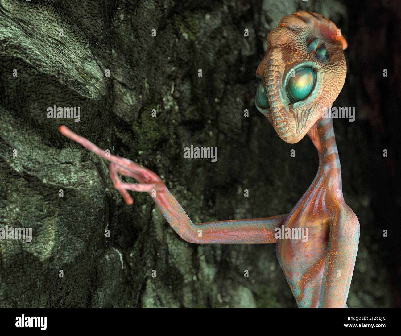 Humanoide Alien zeigt einen Finger. Konzeptionelle kreative Illustration. 3D Rendern Stockfoto