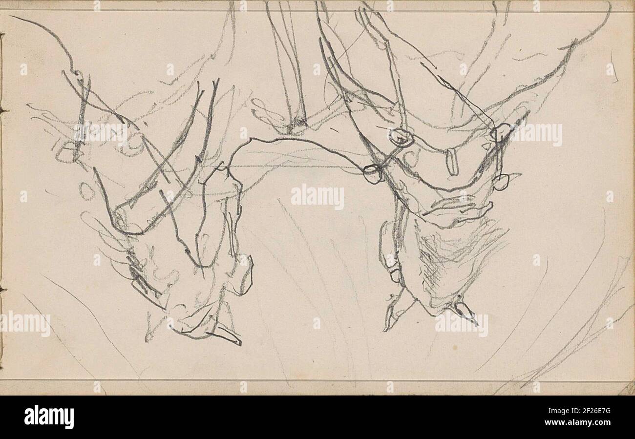 Zwei Zugpferde, von oben gesehen am Hals und Rücken.Blatt 33 Recto aus einem Skizzenbuch mit 42 Blättern. Stockfoto