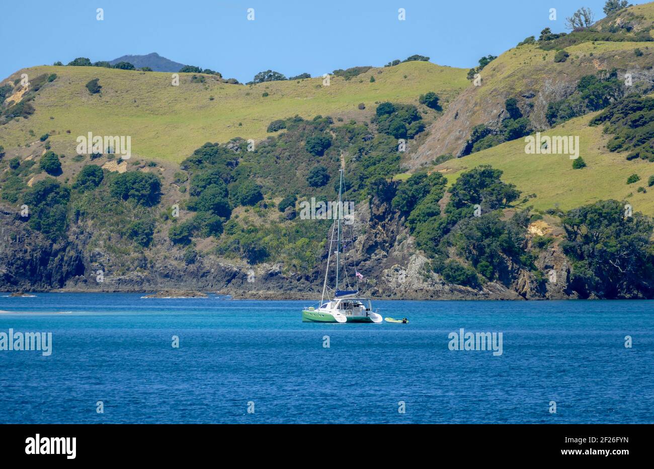 Sonnige Landschaft an der Bay of Islands, einem Gebiet an der Ostküste des Far North District der Nordinsel Neuseelands Stockfoto