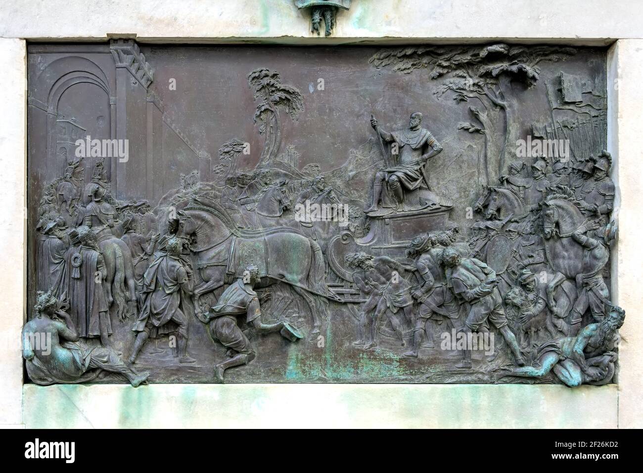 FLORENZ, TOSKANA/ITALIEN - OKTOBER 19 : Bas-Relief-Tafel auf dem Sockel des Reiterdenkmals für Cosimo I de' Medici , 1598 Stockfoto