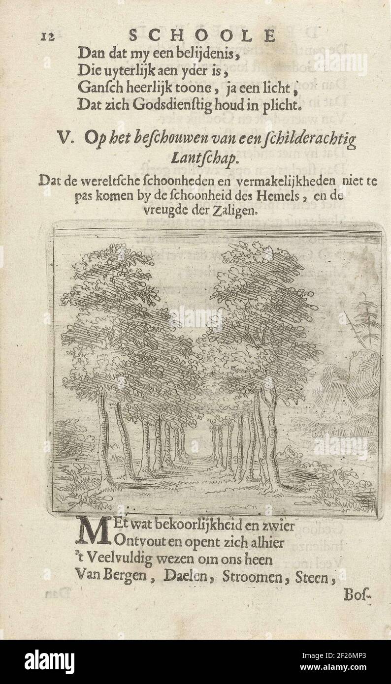 Ansicht eines Pfades mit zwei Zeilen. Drucken aus einem Buch, in dem 36 mit Satzbildern druckt. Verwendeter Druck: F. van Hoogstraten, der schooly der Welt, 1682. Stockfoto
