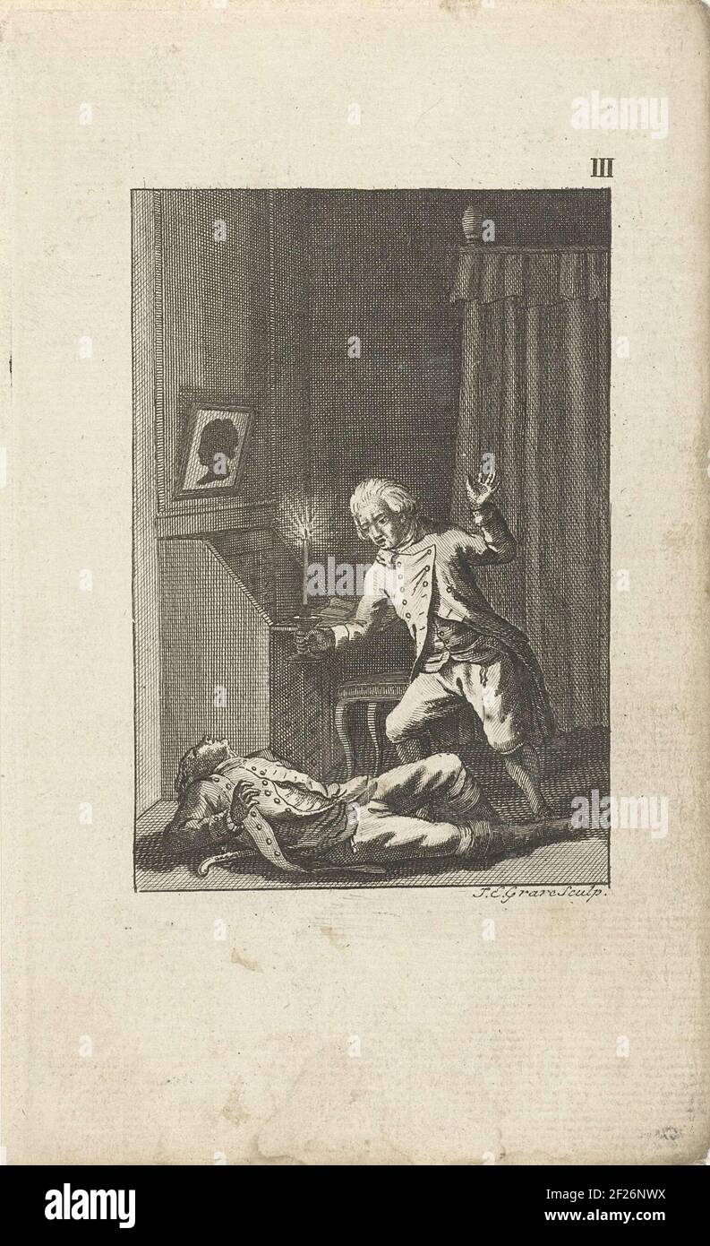 Ein Wohnzimmer Interieur. Ein Diener mit einer Kerze findet Werther, der mit einer Pistole eine Pistole geschossen hat. Der Druck ist Teil einer Reihe von Szenen aus Goethes Roman: "Das Leiden des jungen Werther". Stockfoto