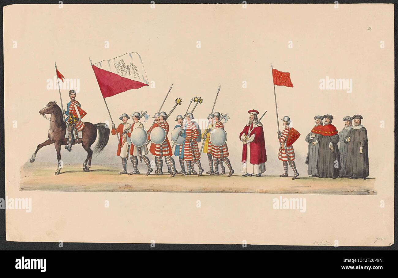 Kostümierte Parade von 1841: Reiter und Fußsoldaten (Blatt II); beschichtet optimiert. Auflistung der Empfang von Willem II Graf von Holland Roman King in Utrecht im Januar 1249 von HH Studenten zur Feier des 25th Jahr der Reparatur der Utrechtse Hoogeschool den 2e Junij 1841 gegeben.A Rider in Armour, Eine Gruppe von Fußsoldaten mit dem Wappen oder utrecht und ein paar andere Figuren. Blatt nummeriert II in der Serie von achtzehn Platten der historischen kostümierten Prozession, die den Empfang von Graf Willem II aus Holland in Utrecht im Jahr 1249 darstellt. Der Prozessionsheld von den Studenten der Uni Stockfoto