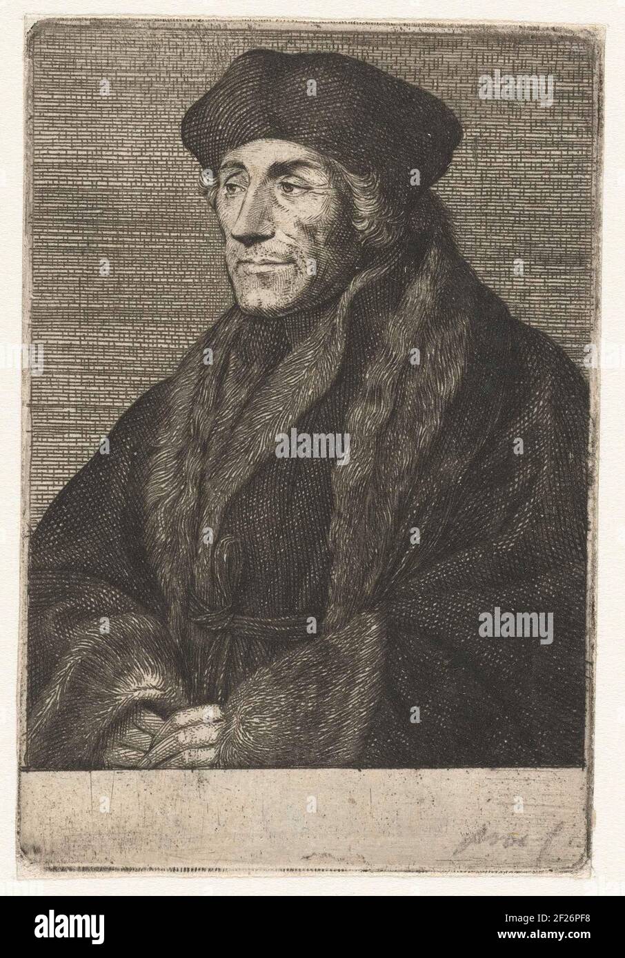Portret van Erasmus.Erasmus, halbiert, mit Fell abgelagertem Mantel. Erster Zustand von drei. Stockfoto