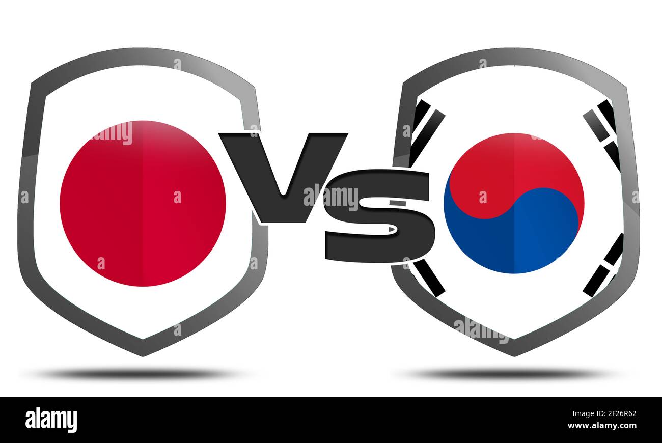 Die Flaggen von Südkorea und Japan Flaggen in A Schildform bereit, gegen den Handelskrieg zu kämpfen Stockfoto