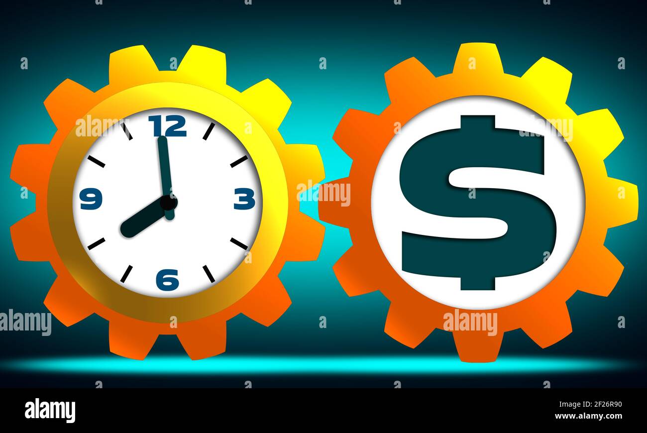 Die Zeit ist Geld-Konzept mit Zahnradsatz der Uhr Und ein Dollarzeichen Stockfoto