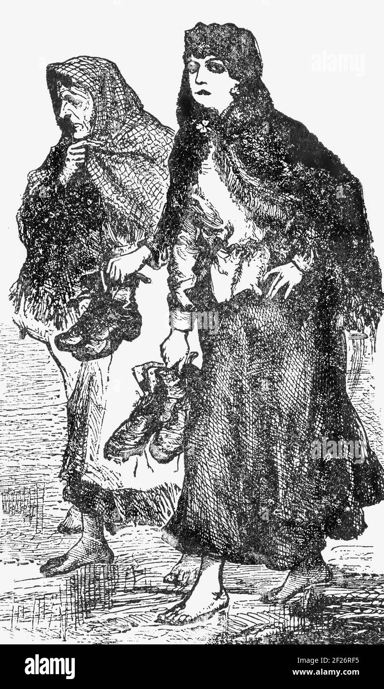 Eine Illustration aus dem 19th. Jahrhundert von einer Mutter und Tochter, die barfuß von der Kirche nach Hause kommen, wahrscheinlich um ihre Schuhe zu schonen, Connemara, County Galway, Irland. Stockfoto