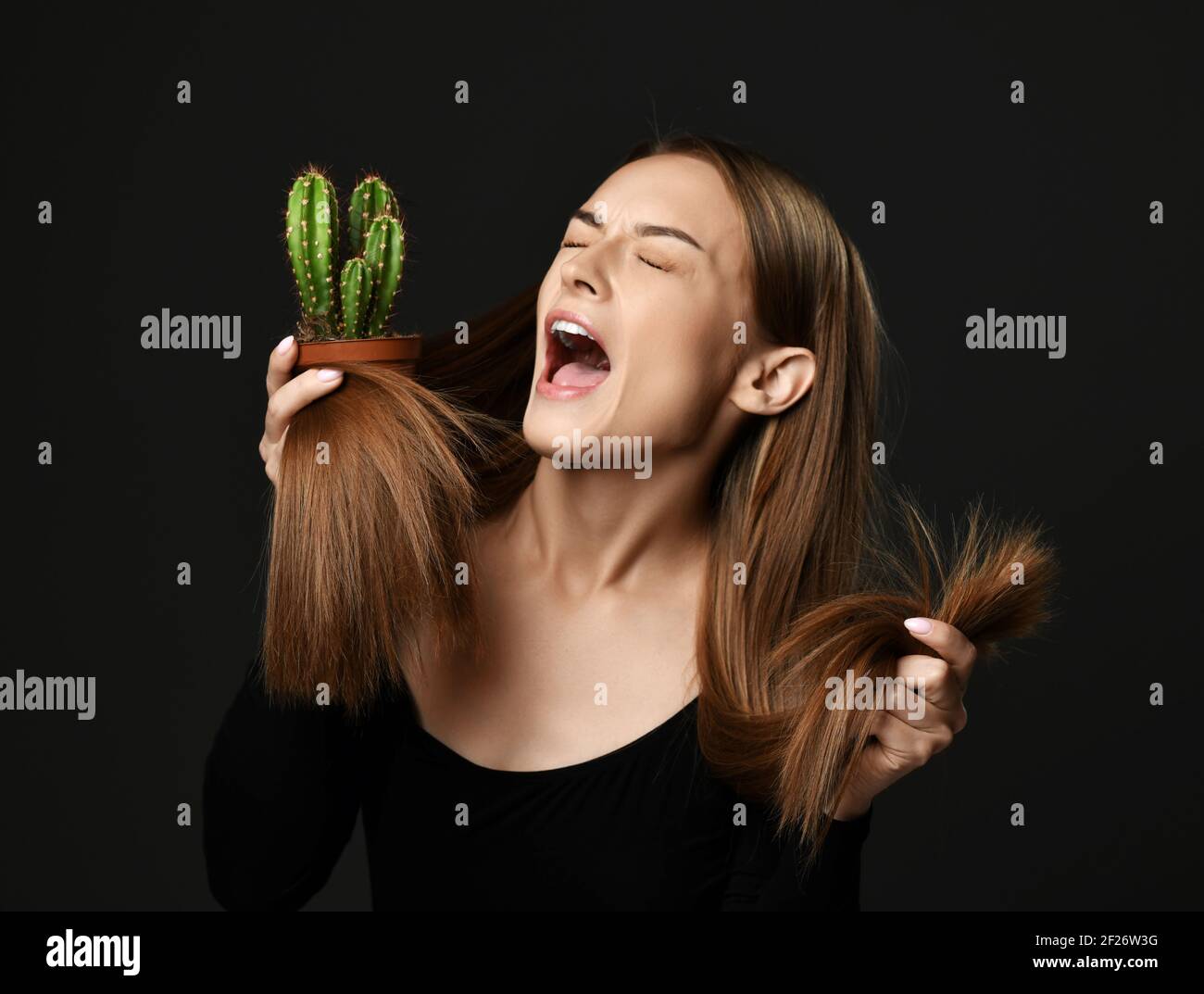 Frustrierte Frau mit langen seidig geraden Haaren in schwarzem Körper Schreiend schreiend hält Kaktuspflanze Vergleich mit Spliss Stockfoto
