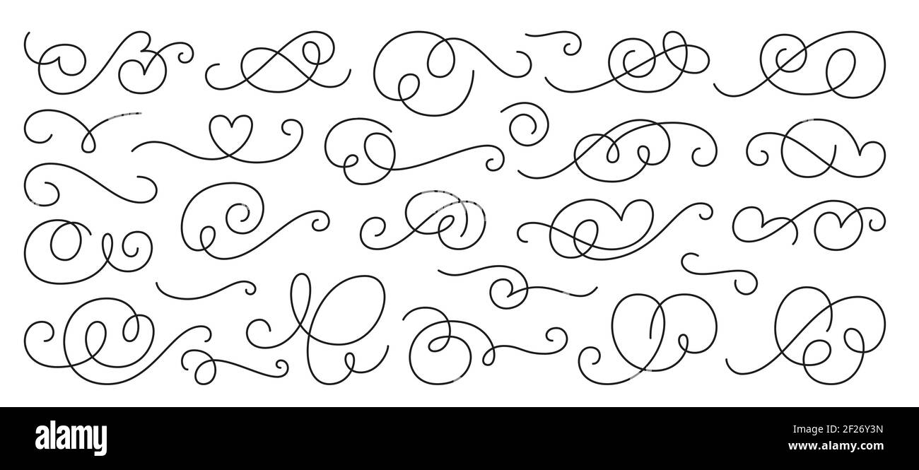 Kalligraphische Design-Element-Set, Wirbel Ornament. Dekorative Locken, Wirbel blüht, Trennwand, Swashes und filigrane Linienornamente für Menü, Zertifikat, Diplom, Hochzeitskarte, Invatation Stock Vektor