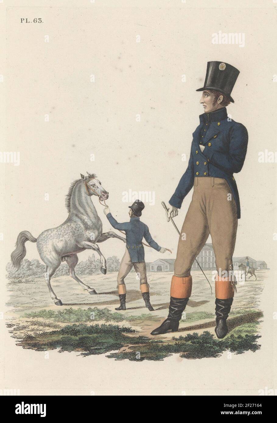 Bedienden van 's Rijks Stoeterijen.EIN niederländischer Mitarbeiter der Rijks Steeterijen, mit einem Pferd. Platte 63. Einheitliche Leistung in "Fortsetzung von der Beschreibung der königlichen niederländischen Truppen" von J.F. Teupking, 1826. Stockfoto