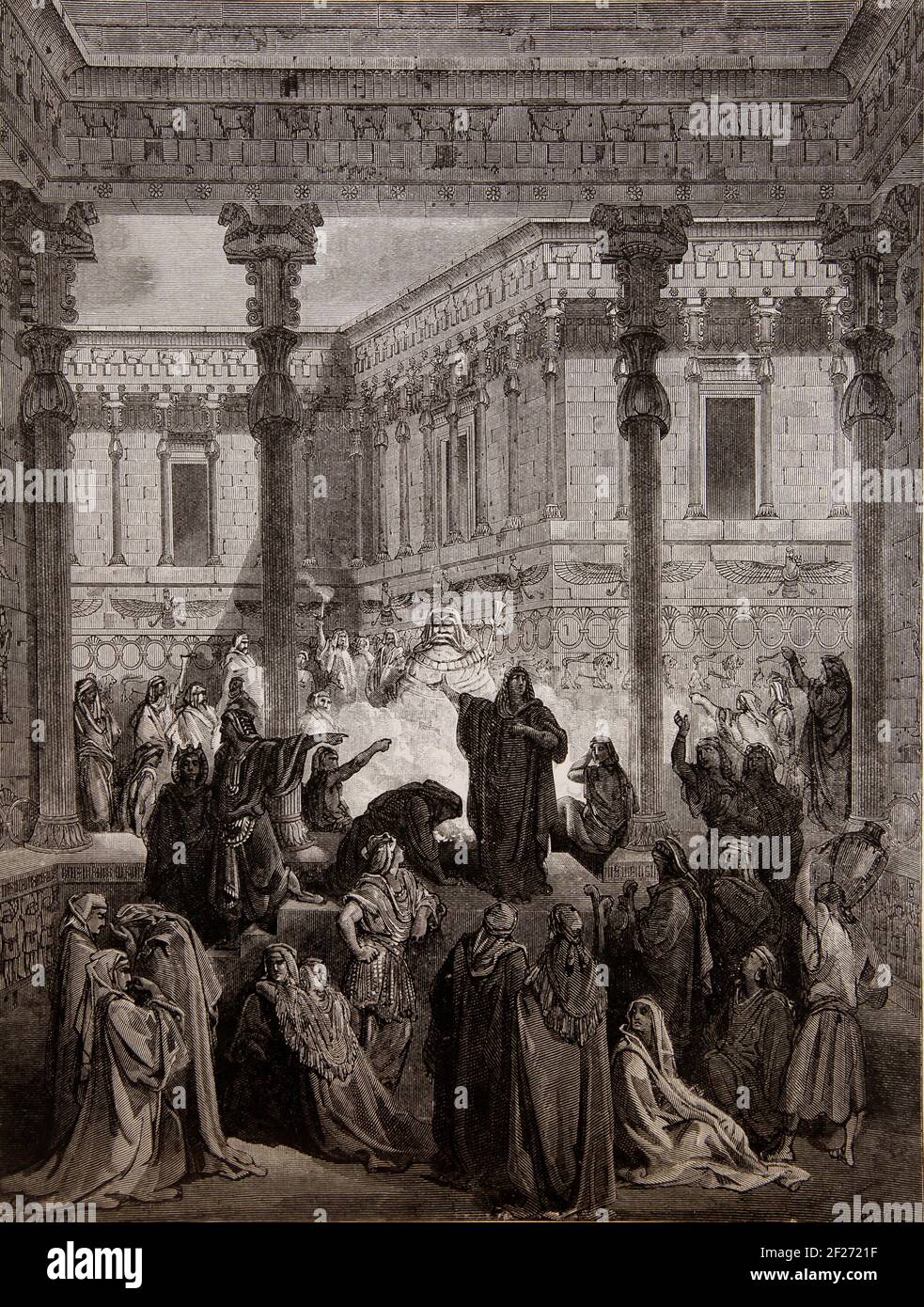 Bibelgeschichte Illustration von Daniel, der die Priester von Bel verwirrt - zeigt, dass der Idol Bel kein Lebensunterhalt war Gott Stockfoto