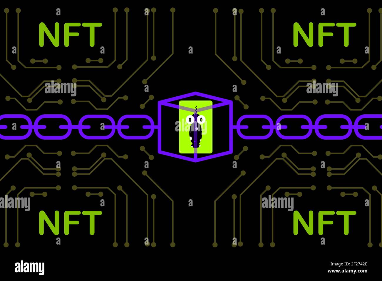 NFT nicht-fungible Token Art und Collectibles Illustration, verwenden Sie Blockchain-Technologie, um einzigartige digitale Objekte für Krypto-Kunst zu erstellen, Krypto-Sammler Stockfoto