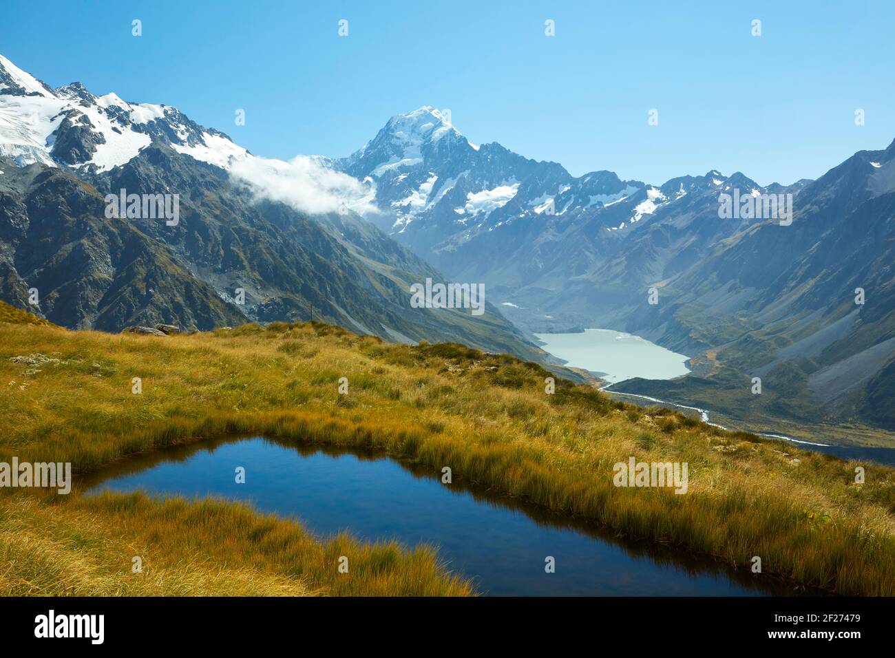 Sealy Tarns, Aoraki / Mt Cook, und Hooker Valley, Aoraki / Mount Cook National Park, South Island, Neuseeland Stockfoto