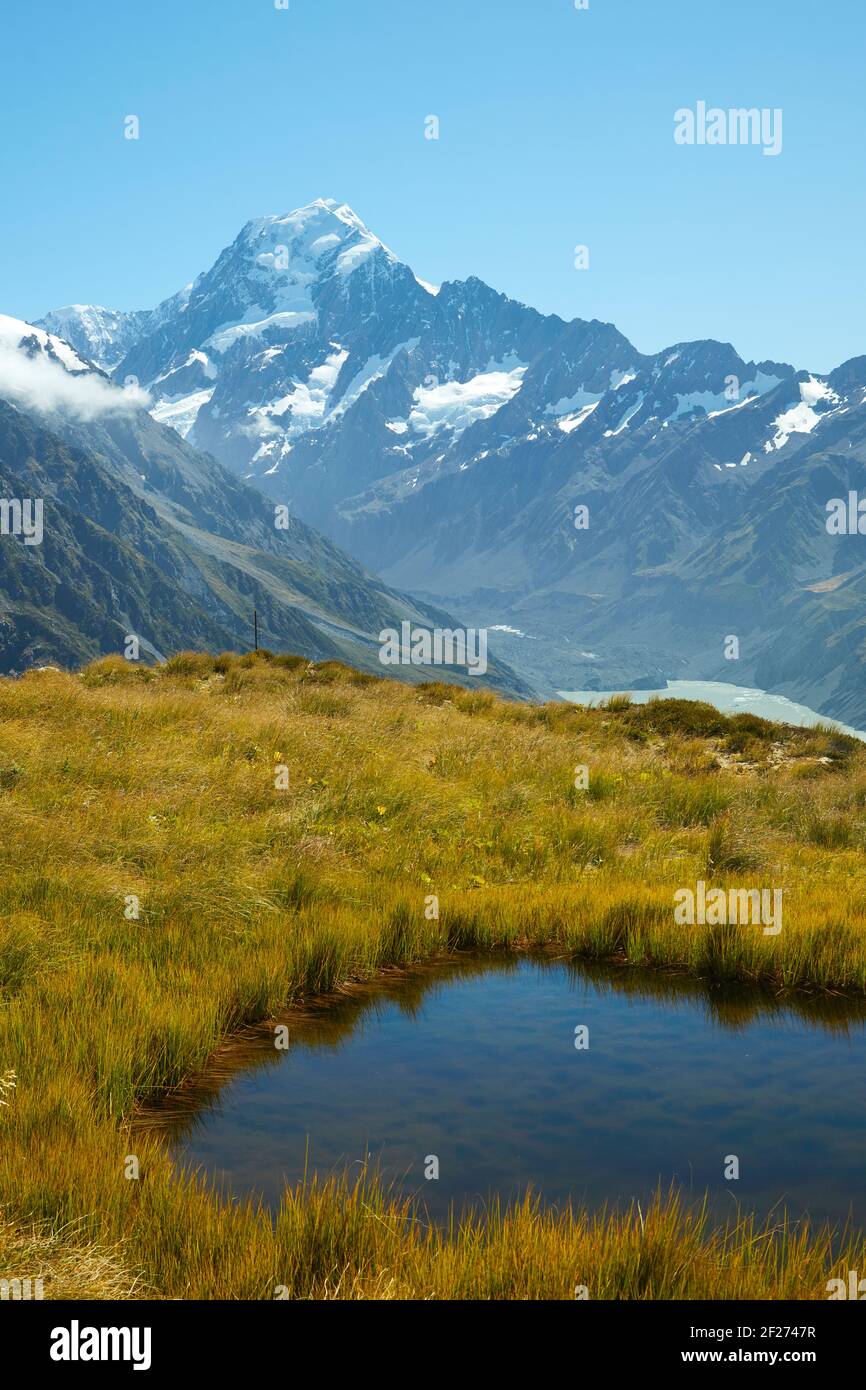 Sealy Tarns, Aoraki / Mt Cook, und Hooker Valley, Aoraki / Mount Cook National Park, South Island, Neuseeland Stockfoto