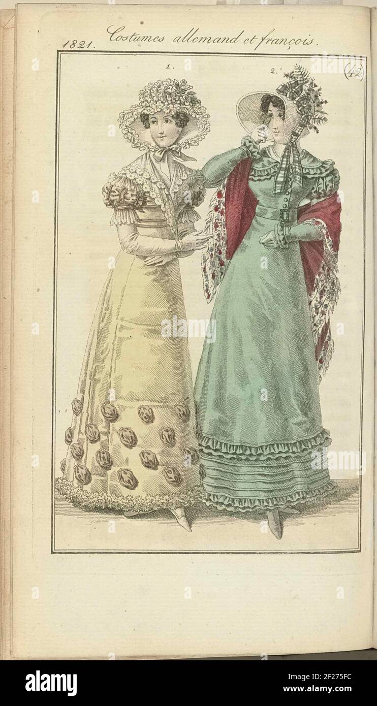 Journal des Dames et des Modes, editie Frankfurt 14 octobre 1821, Costumes allemand et François (42).der Begleittext (S. 439) Erwähnungen: Wiener Mode. ABB. 1: Krepphut, verziert mit 'blond' (Andockseite) und mit Blumen. JAP von 'alexandrine', am Boden mit Blick Bouillons gekrönt. Ärmel und Schal hinterlegt mit Blondine. Fichu aus blond. Weiße Handschuhe. Weiße Schuhe. Französisches Kostüm. ABB. 2: Weißer Strohhut, verziert mit Blicken und Blumen des Farns. JAP der Seite. Mit Streifen und Kordeln garniert. Weiße Handschuhe. Violett durchblättern. Der Druck ist Teil des fa Stockfoto