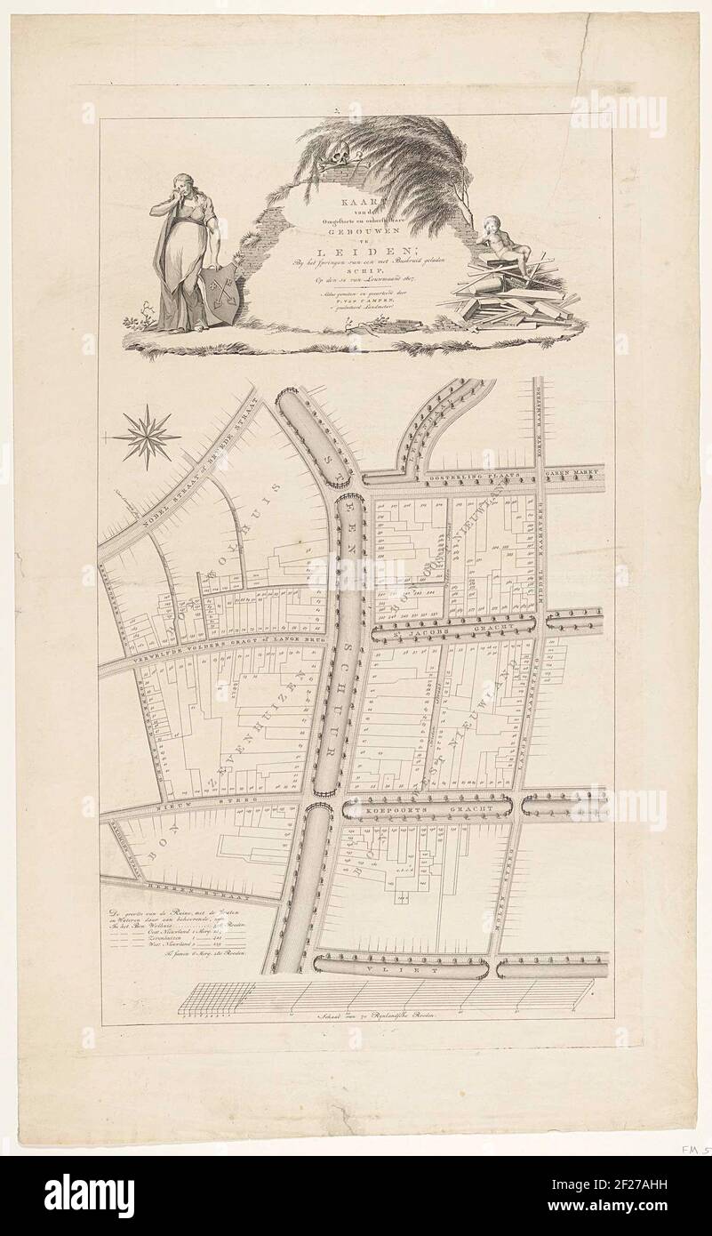 Karte der zerbrochenen und irreparablen Gebäude; beim Springen eines Schiff geladen, auf der 12 von Louwmaand 1807.Karte des zerstörten Gebietes zu Leiden auf beiden Seiten der Steinscheune, nach der Gunpowder Katastrophe vom 12. Januar 1807. Oben auf einer Allegoric Kartusche mit dem Titel auf der Ruine eines Gebäudes, hier ein Trauerkind und die Lorrid Leiden City Mawn. Stockfoto