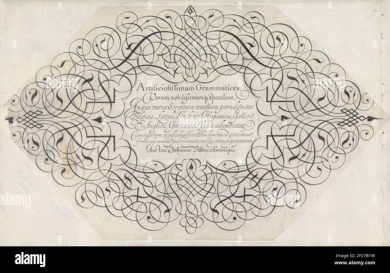 Kalligrafisch ontwerp voor een titelprent; konstruierte Grammatik. Aber nobilisimumq [n] Glas. Die Schrift wird geprüft mehrere Beispiele, in denen Belgien, Englisch, Italienisch, Spanisch, Französisch, Englische, deutsche gedruckte Gliederung. Da für jeden, von einer rechten Dissektion, Grundlagen, zu wissen, wie man Hilfe in der Bildung schreiben, aber vor allem die förderlich sind, alle zu imitieren vorgeschlagen werden, zum Glauben, Spieghel der schrijfkonste.kalligraphische Gestaltung des Drucktitels für den zweiten Teil des spieghel der Wristin. Der Titel, konstruierte Grammatiken ,,,,, Wird von einer breiten Randwellung eingerahmt. Die Zeichnung ist p Stockfoto