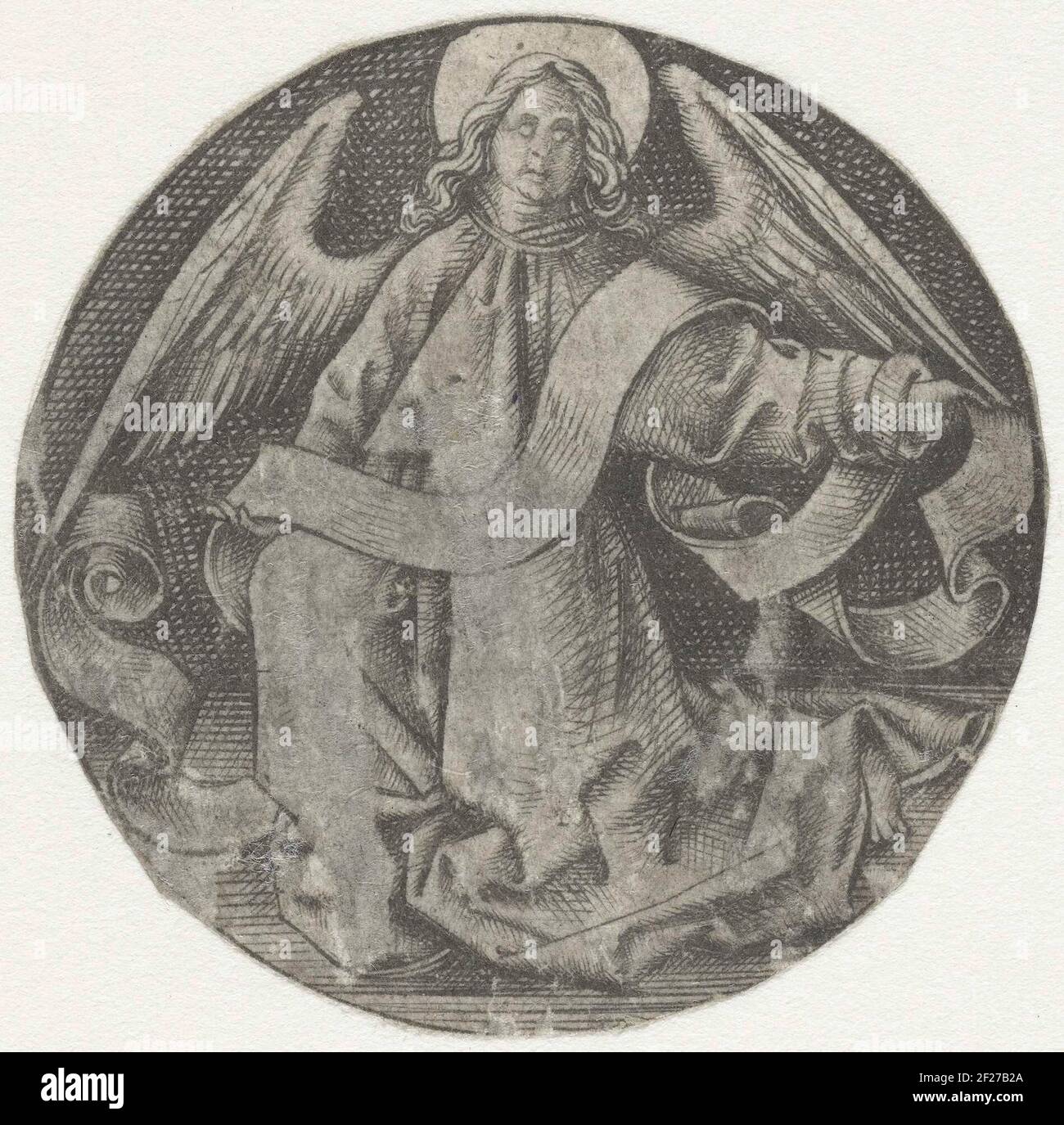 De vier evangelistensymbole; Ronde ontwerpen voor goudsmeden.vier runde Darstellungen der evangelistischen Symbole: Der Engel des Matthäus, der Adler von Johannes, das OS von Lucas und der Löwe von Marcus. Kopien der evangelistischen Symbole von Martin Schongauer. Diese Bilder wurden ausgeschnitten und aus ihrem ursprünglichen Kontext entfernt: Eine Serie von acht Klingen mit sechs runden Designs für Goldschmiede. Auf der Zeitschrift, die diese evangelistischen Symbole gehört haben, standen auch Darstellungen des Lammes Gottes und der heiligen Veronika mit Petrus und Paulus. Stockfoto