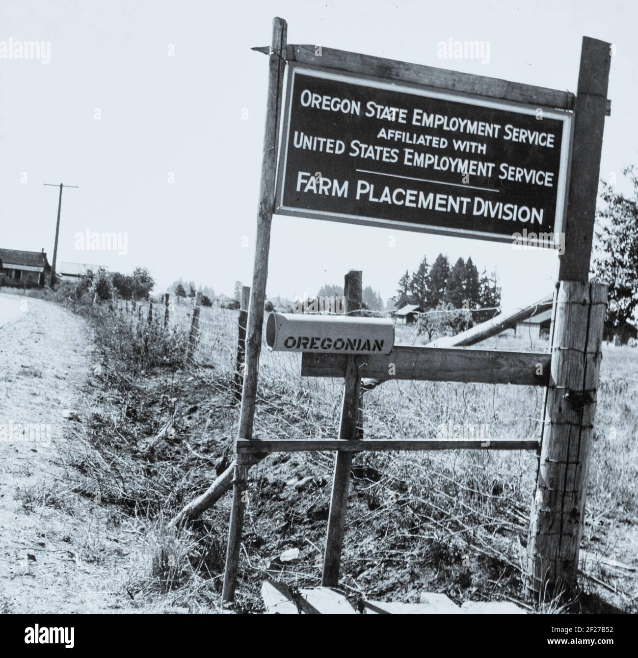 West Stayton (Umgebung) Marion County, Oregon. Wandernde Bohnenpflücker. Ein Saisonbüro wird vom staatlichen Arbeitsamt unterhalten. Das Foto zeigt ein Schild für die Oregon State Employment Service Farm Placement Division. . August 1939. Foto von Dorothea lange Stockfoto
