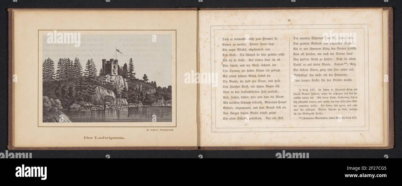 Fotoreproduktion eines Bildes von einem Gesicht auf der Insel Ludwigstein mit einer Kapelle im Monrepos Park in Vyborg; der Ludwigstein .. Stockfoto