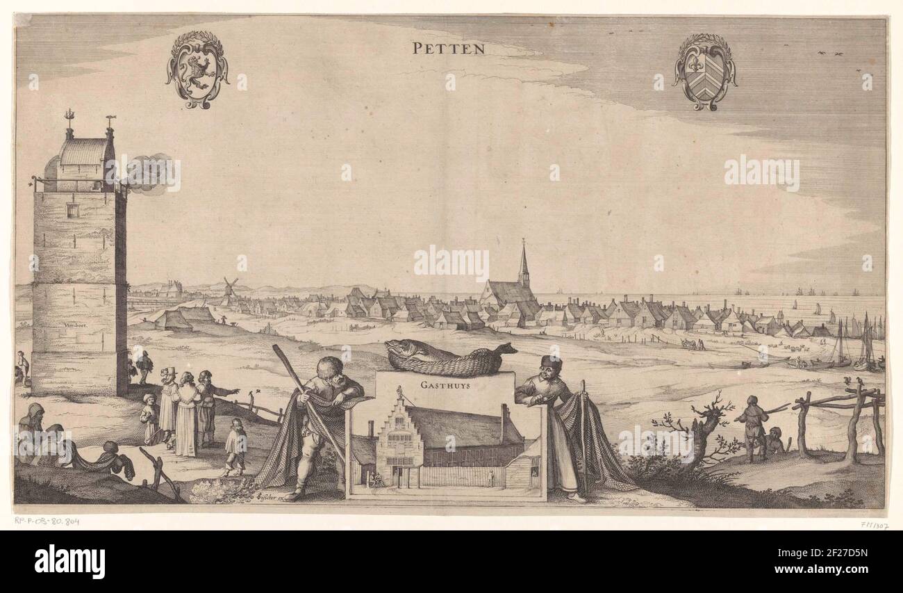 Loterij ten behoeve van een nieuw gasthuis in Petten, 1643.Petten de Lottery für ein neues Gästehaus, 1643. Im Vordergrund zwei Fischer (Mann und Frau) mit einem erhöhten Album mit einem Bild des neuen Gästehauses. Auf dem Teller EIN Korb mit einem Fisch, links ein Leuchtturm mit einigen Fischern und Spaziergängern. Im Hintergrund das Dorf an der Küste. Oben der Name des Dorfes mit den Waffen von Holland und Van Petten auf beiden Seiten. Stockfoto