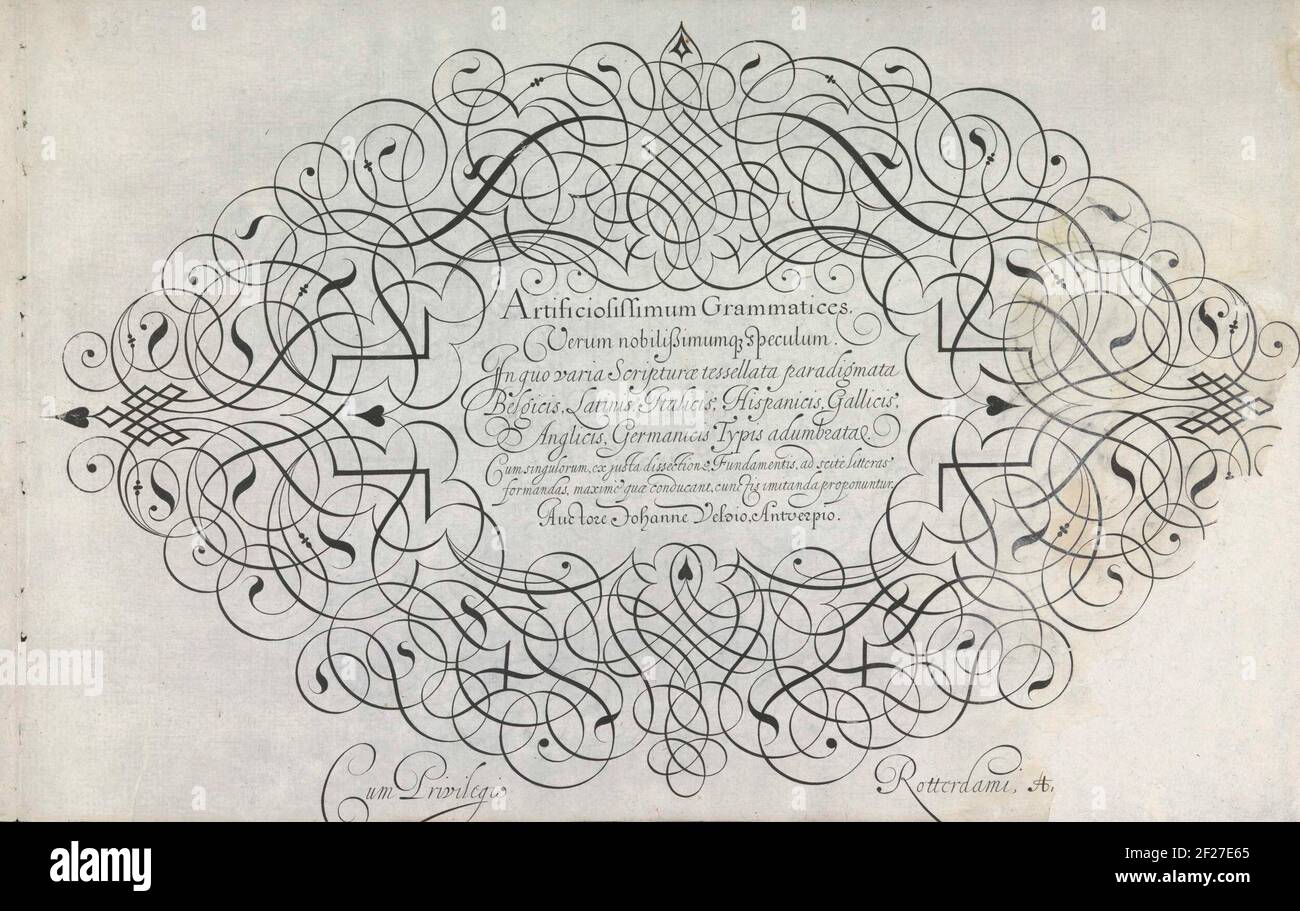 Kalligrafische titelprent; konstruierte Grammatik. Aber nobilisimumq [n] Glas. Die Schrift wird geprüft mehrere Beispiele, in denen Belgien, Englisch, Italienisch, Spanisch, Französisch, Englische, deutsche gedruckte Gliederung. Da für jeden, von einer rechten Dissektion, Grundlagen, zu wissen, wie man Hilfe bei der Bildung schreiben, aber vor allem, die förderlich sind, alle zum Glauben imitiert werden vorgeschlagen, Spieghel der schrijfkonste.kalligraphische Titeldruck für den zweiten Teil des spieghel der wristin. Der Titel, konstruierte Grammatiken ... wird von einer breiten Randwellung eingerahmt. Der Druck ist Teil eines Albums. Stockfoto