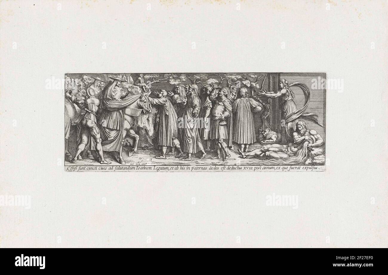 Giovanni de 'Medici Florence gaat binnen; John war der Agent der Haare sind hier und alle cibves, um ihre Achtung zu zahlen, geerbt aus dem Haus ihres Vaters: Und von ihnen wurde er im 18, ein Jahr nach dem er war vor, wurde vertrieben; Scenes Shipped het leven van Paus Leo X.Giovanni De Medici geht mit seiner Armee Florenz hinein und wird von einer Gruppe von Florentinen begrüßt. Rechts eine Landschaft von flussgott. In unterer Titelzeile. Mitte 11 nummeriert. Stockfoto