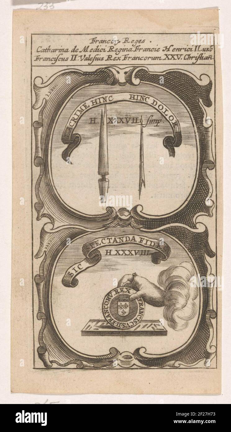 Gebroken lans / Hand met een munt op een toetssteen; Lacrimae Hinc Hinc dolor / sic Spectanda Fides; Symbola Divina et Humana Pontificum Imperatorum Regum.ein Emblem mit zwei Aufführungen. Über einer Lanze in zwei Stücken. Unter einer Hand in den Wolken mit einem Ring zum Zeigefinger. Hand hält eine Münze auf einem Prüfstein. Die Erfindungen von Catharina de 'Medici und Frans II von Frankreich. Stockfoto