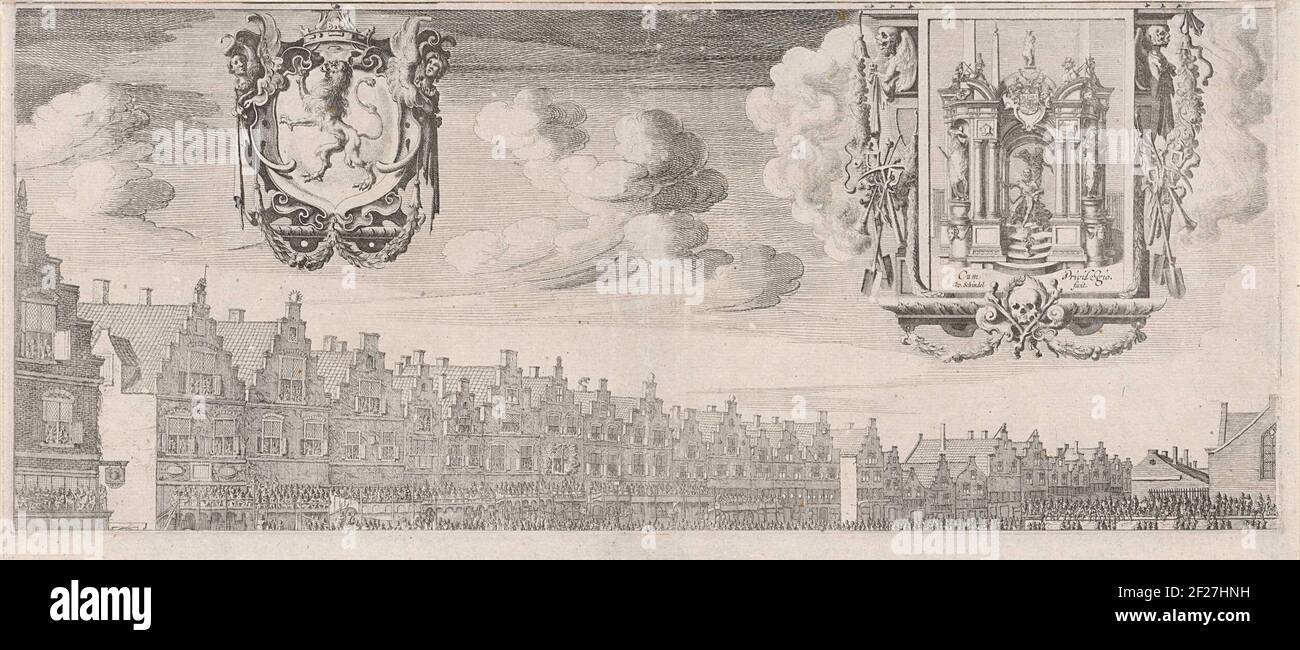 Lijkstatie van prins Maurits in 1625, deel linksboven.die Trauerprozession des Prinzen Maurits in Delft am 16. September 1625. Große Darstellung der Zeremonie, bestehend aus 4 Klingen zu montieren, einen Titel und zugehörige Textblätter (nummeriert 1-12). Dies ist die Klinge oben links, mit Gebäuden am Grote Markt in Delft, in der Luft die Waffe von Holland und das Lob von Willem van Oranje. Stockfoto