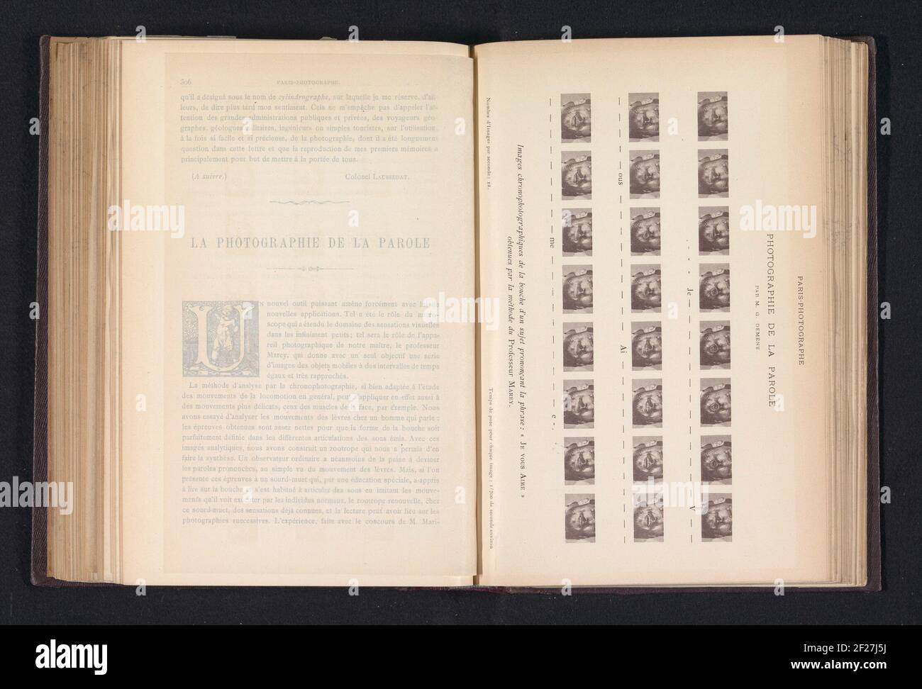 Sequentie Van vormen van de Mond Bij Het Uitspreken Van 'Ich liebe dich'; Fotografie des Wortes, chromofotographische Bilder des Mundes eines Subjekts ausgesprochen den Satz: 'Ich liebe dich' durch die Methode von Professor Marey erhalten .. Stockfoto