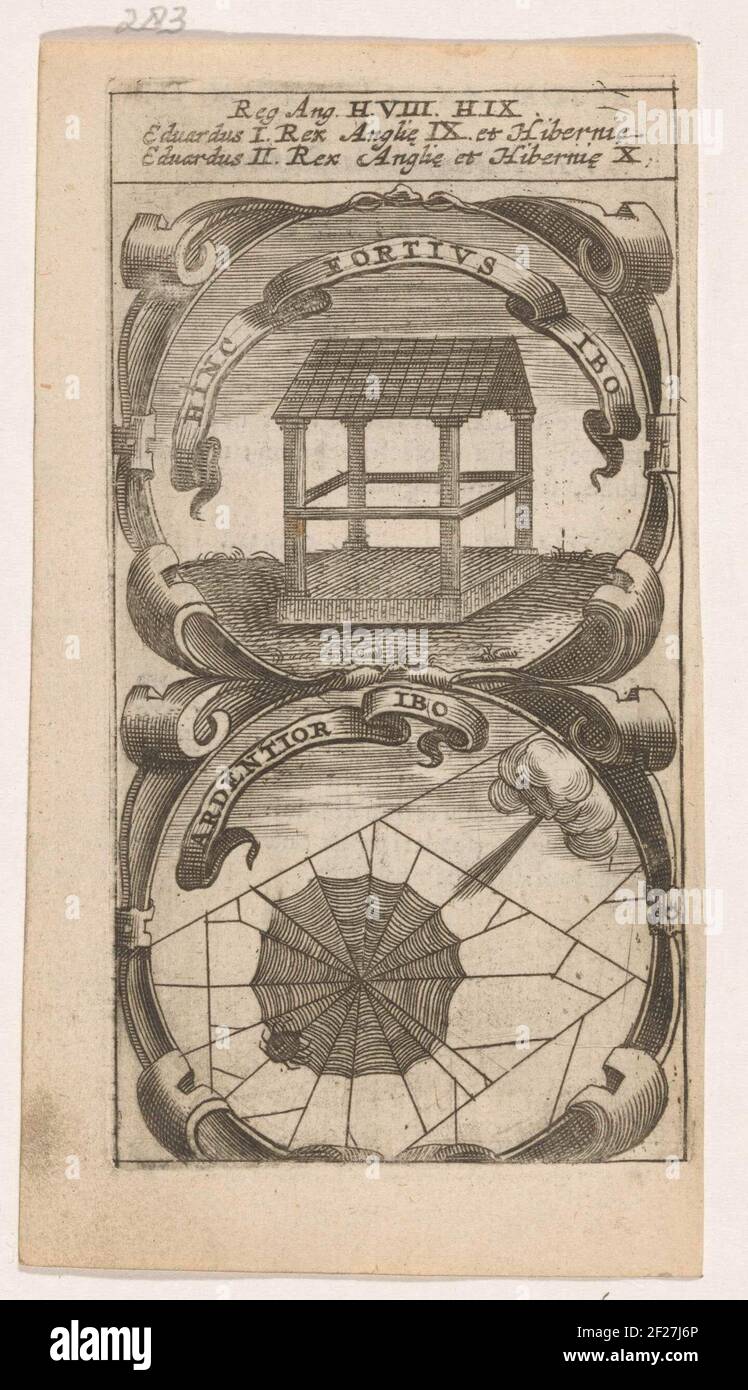 Houten bouwsel / Wind blaast tegen een spinnenweb; Hinc Fortius Ibo / Ardentior Ibo; Symbola Divina et Humana Pontificum Imperatorum Regum.ein Emblem mit zwei Aufführungen. Über einer Holzkonstruktion oder einem Haus. Unter einem Spinnennetz. Der Wind weht dagegen. Die Rechnungen von Eduard I. und Eduard II. Von England. Stockfoto