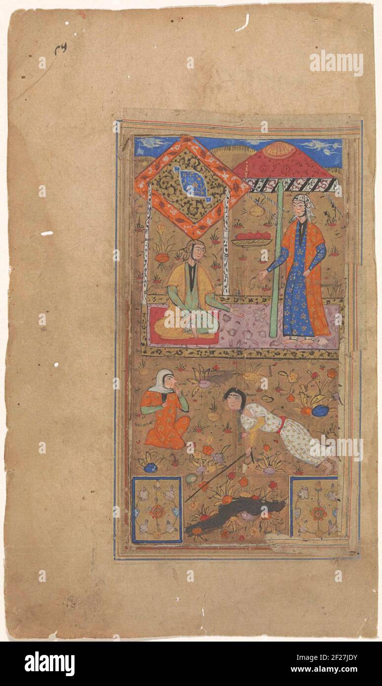 Vrouw onder een baldakijn en een vrouw op haar knieën.die Show ist in zwei Ebenen unterteilt: In der oberen Ebene befindet sich eine Frau unter einem Baldachin und eine zweite Frau ist ihr gegenüber, In der unteren Ebene ist eine Frau auf den Knien und hält ihre linke Hand für den Mund, ihr gegenüber ist einer in ihm White gekleidet Mann diagonal durch die Oberfläche und hält eine Art Stab in seiner rechten Hand. Die Schau wurde in einen Rahmen von Rahmenlinien geklebt, deren alte Kanten hier und da gelockert und neue Kanten darüber geklebt wurden; die Außenkante ist aufgefromt und befindet sich unten, oben und le Stockfoto