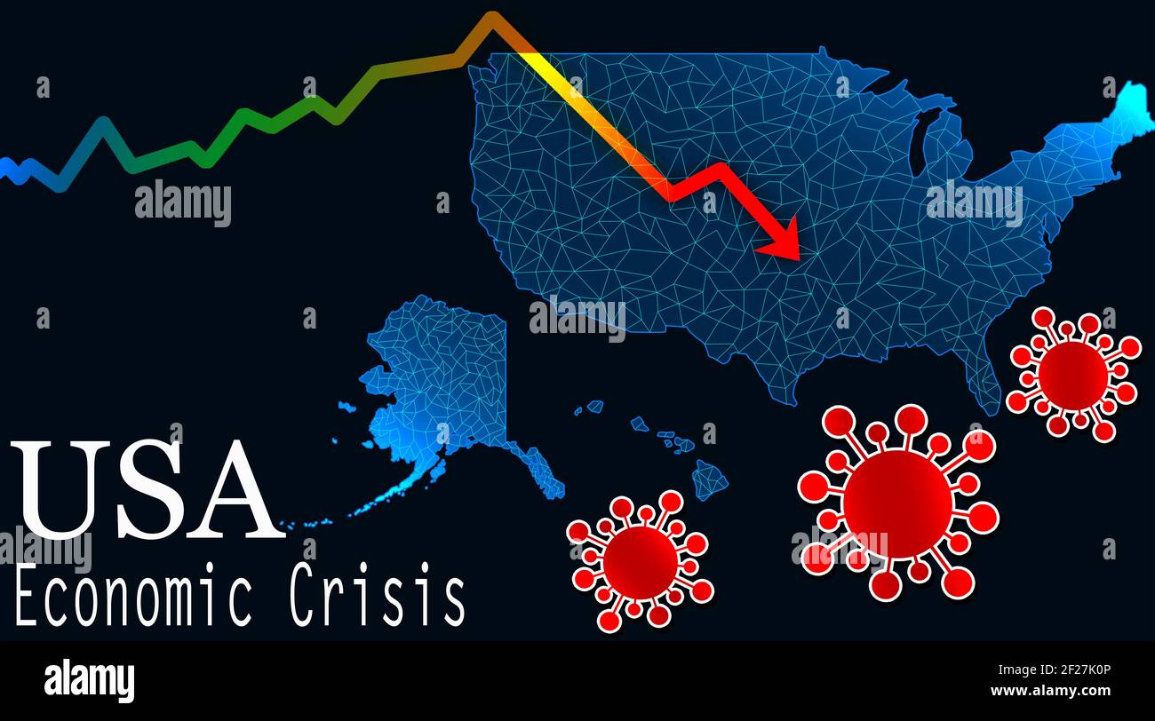 Eine 3D Darstellung eines Pfeils, der die Wirtschaftskrise in anzeigt Die USA-Karte aufgrund der COVID-19-Pandemie Stockfoto
