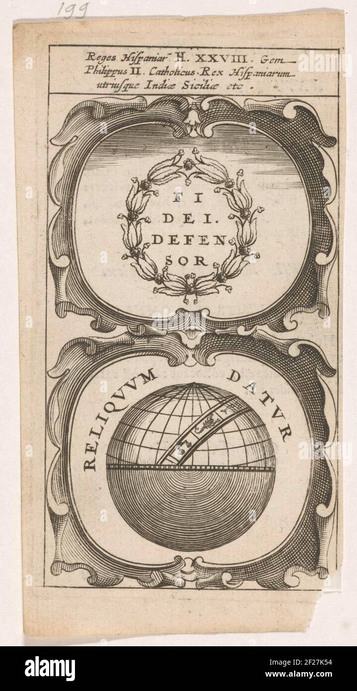 Bloemenkrans met Motto / Wereld; Fidei Defensor / Reliquum Datur; Symbola Divina et Humana Pontificum Imperatorum Regum.ein Emblem mit zwei Aufführungen. Über einem Blumenkranz mit Motto. Unter der Welt mit Tierkreis. Die untere Hälfte der Welt ist dunkel. Die Erfindungen von Philip II.. Stockfoto