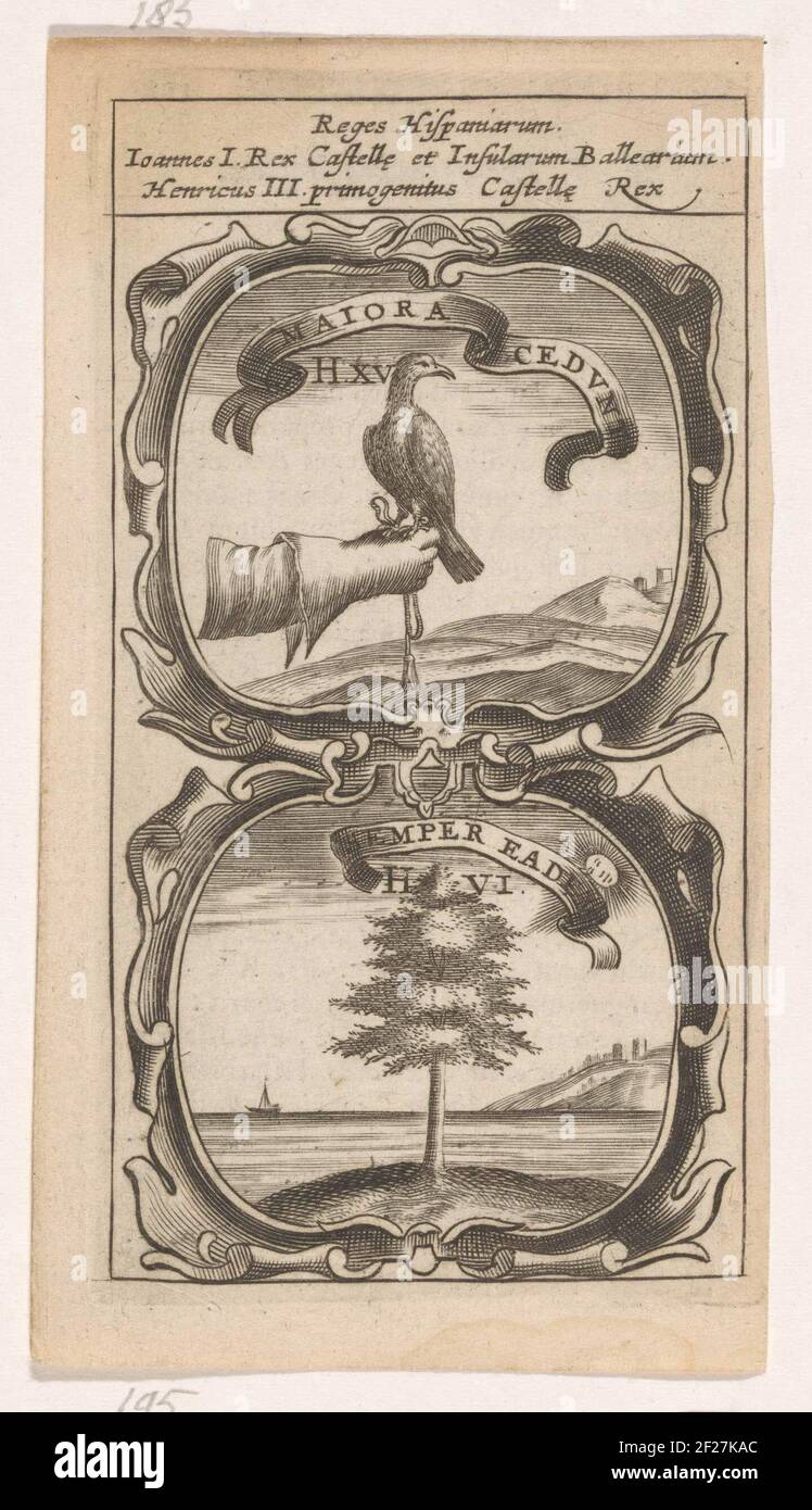 Valk op de Hand / Landschap met én Boom; Majora Cedunt / Semper Eadem; Symbola Divina et Humana Pontificum Imperatorum Regum.ein Emblem mit zwei Aufführungen. Über einer Hand mit einem Falken. Im Hintergrund eine Meereslandschaft mit einem Baum im Vordergrund. Die Reserven von König Johan I. und König Heinrich IIII. Von Kastilien. Stockfoto