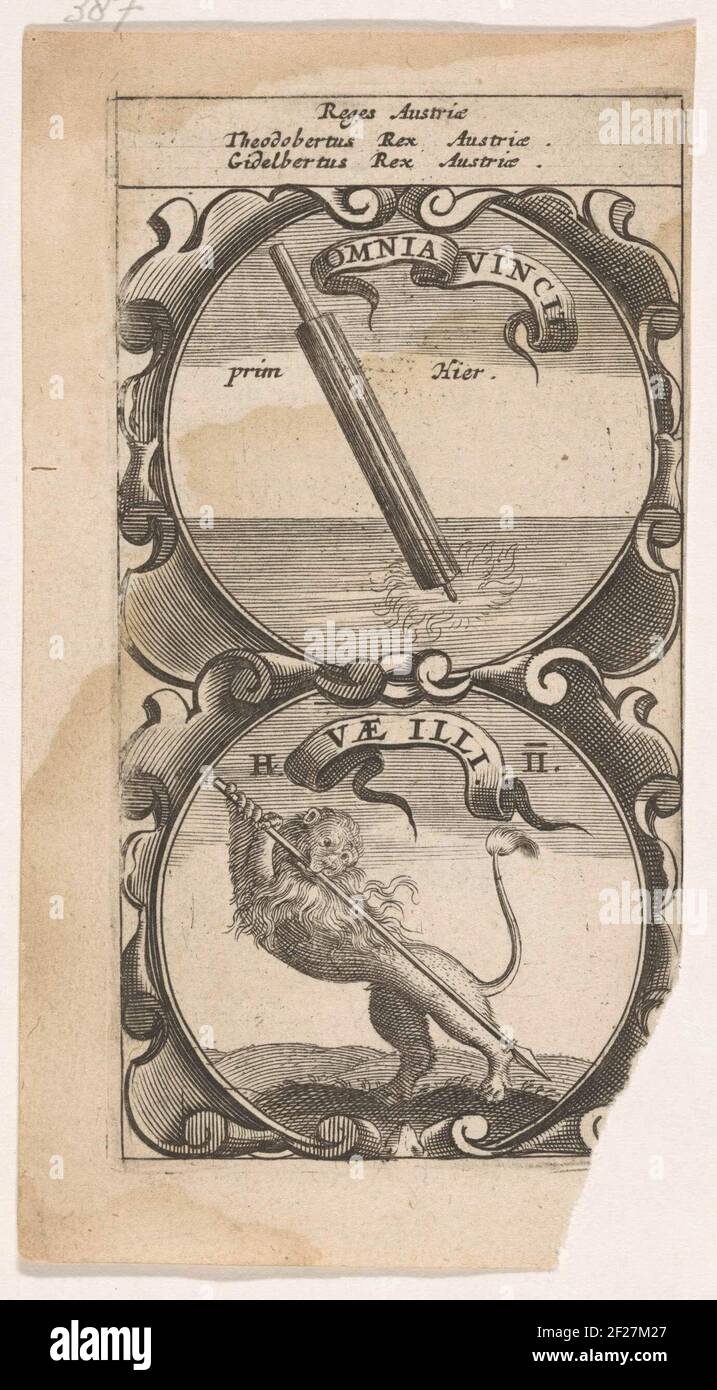 Fackel gedoofd in de zee / Leeuw met een speer; Omnia Vincit / VAE Illi; Symbola Divina et Humana Pontificum Imperatorum Regum.ein Emblem mit zwei Aufführungen. Über dem Meer, in dem eine Fackel erloschen ist. Unter einem Löwen mit einem Speer in Mund und Beinen. Die Reinvices der Könige Theuderik und Childebert. Stockfoto