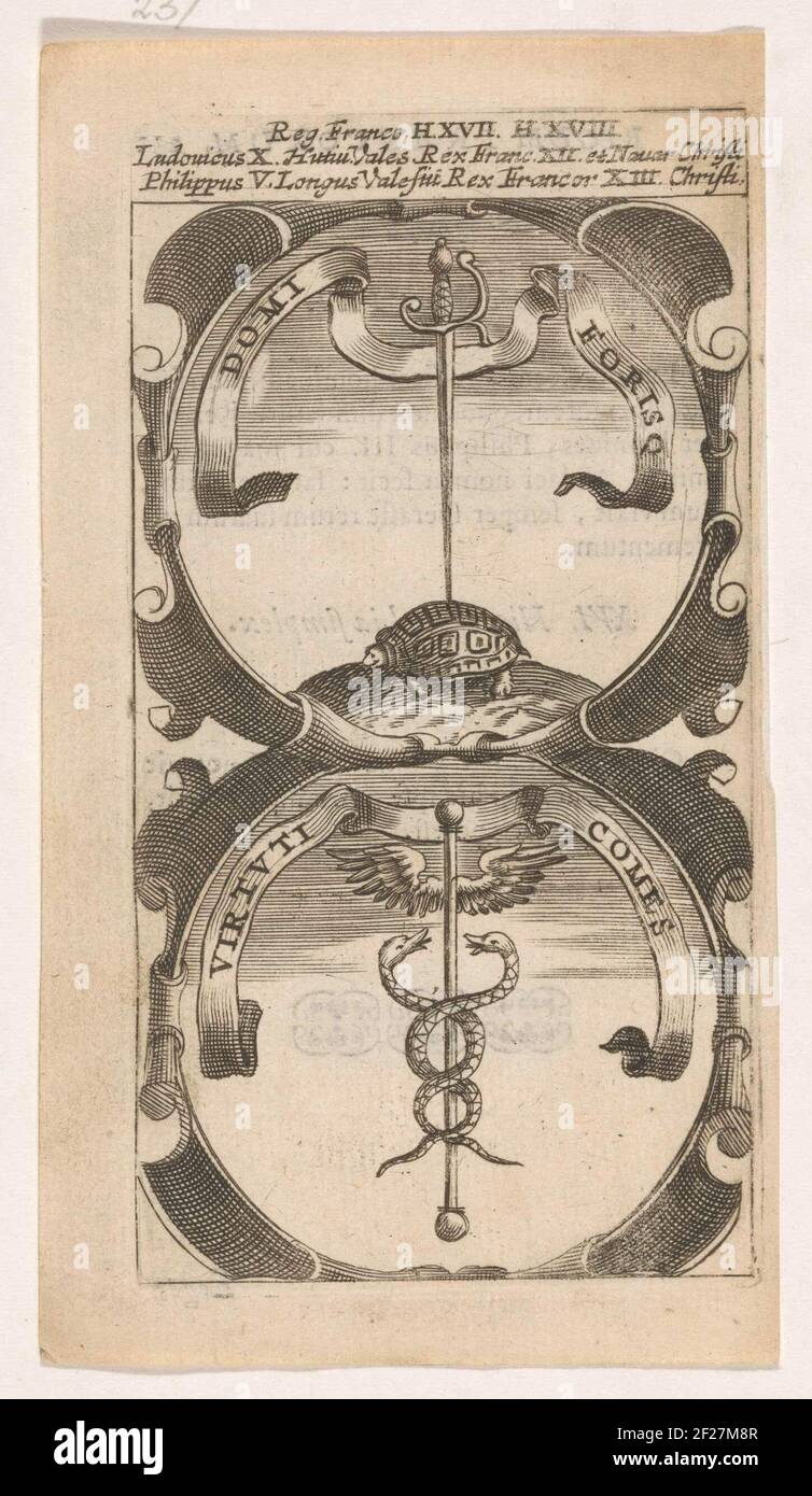 Schildpad met zwaard op zijn Teppich / Caduceus; Domi Forisque / Virtuti Comes; Symbola Divina et Humana Pontificum Imperatorum Regum.ein Emblem mit zwei Aufführungen. Über einem Schwert stehend mit seinem Punkt auf dem Rücken einer Schildkröte. Unter einem Kadukeus. Die Erfindungen von Louis X und Philipp V. von Frankreich. Stockfoto