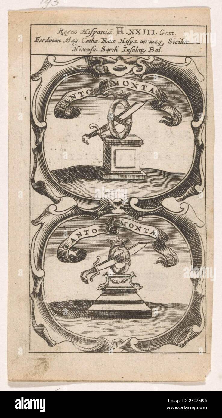 Twee helften worden ééén; Tanto Monta / Tanto Monta; Symbola Divina et Humana Pontificum Imperatorum Regum.ein Emblem mit zwei vergleichbaren Aufführungen. Es gibt einen gekrönten Kranz auf einer Basis. Der Kranz besteht aus zwei gleichen Hälften. Ein Schwert ist dabei, ein Ganzes zu machen. Die Erfindungen Ferdinands II. Von Aragon. Stockfoto